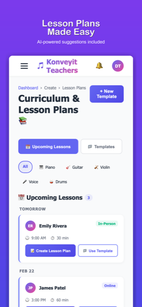 Konveyit lesson plans showing upcoming lessons with action buttons
