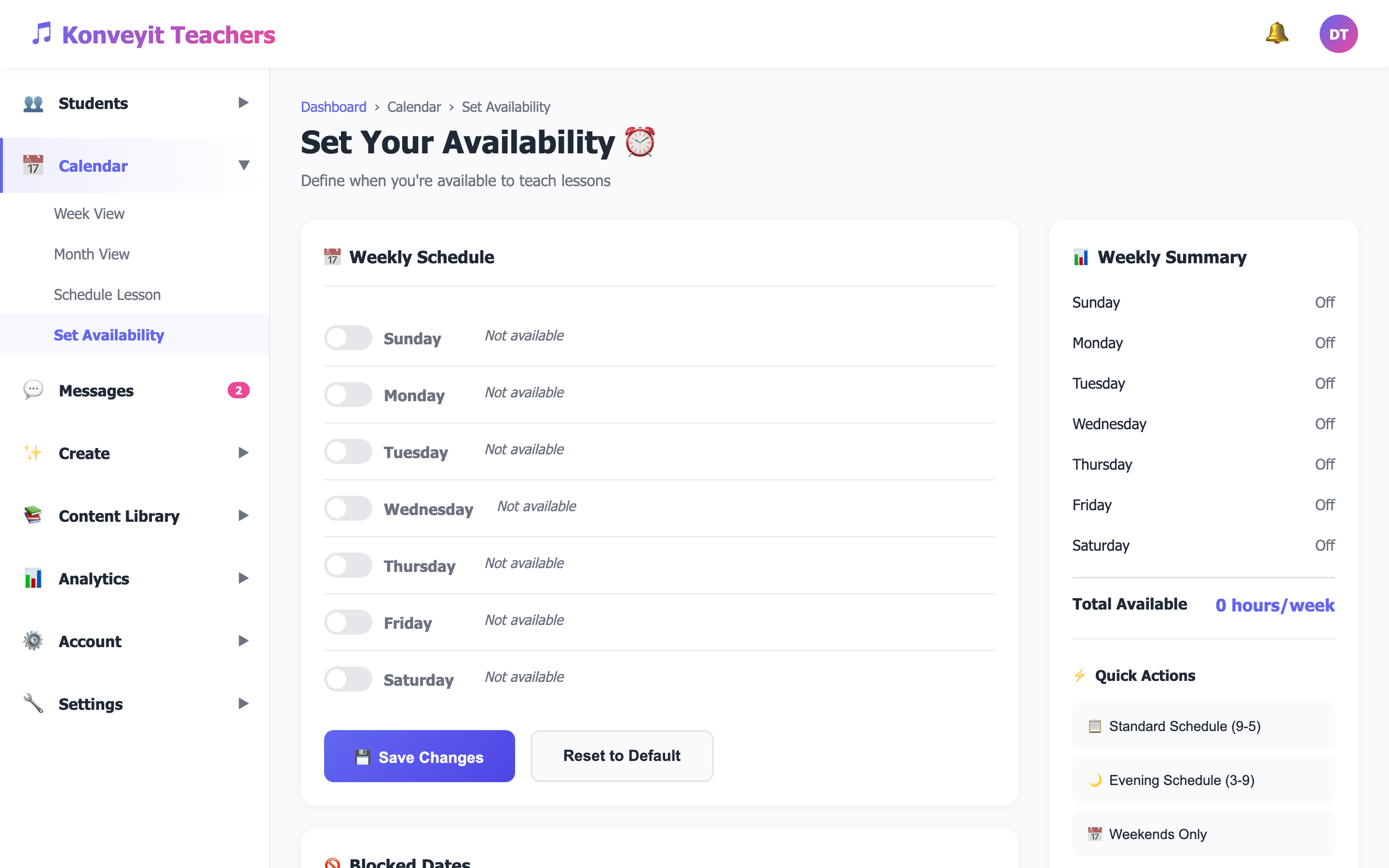Set Availability page showing weekly schedule with time blocks for each day