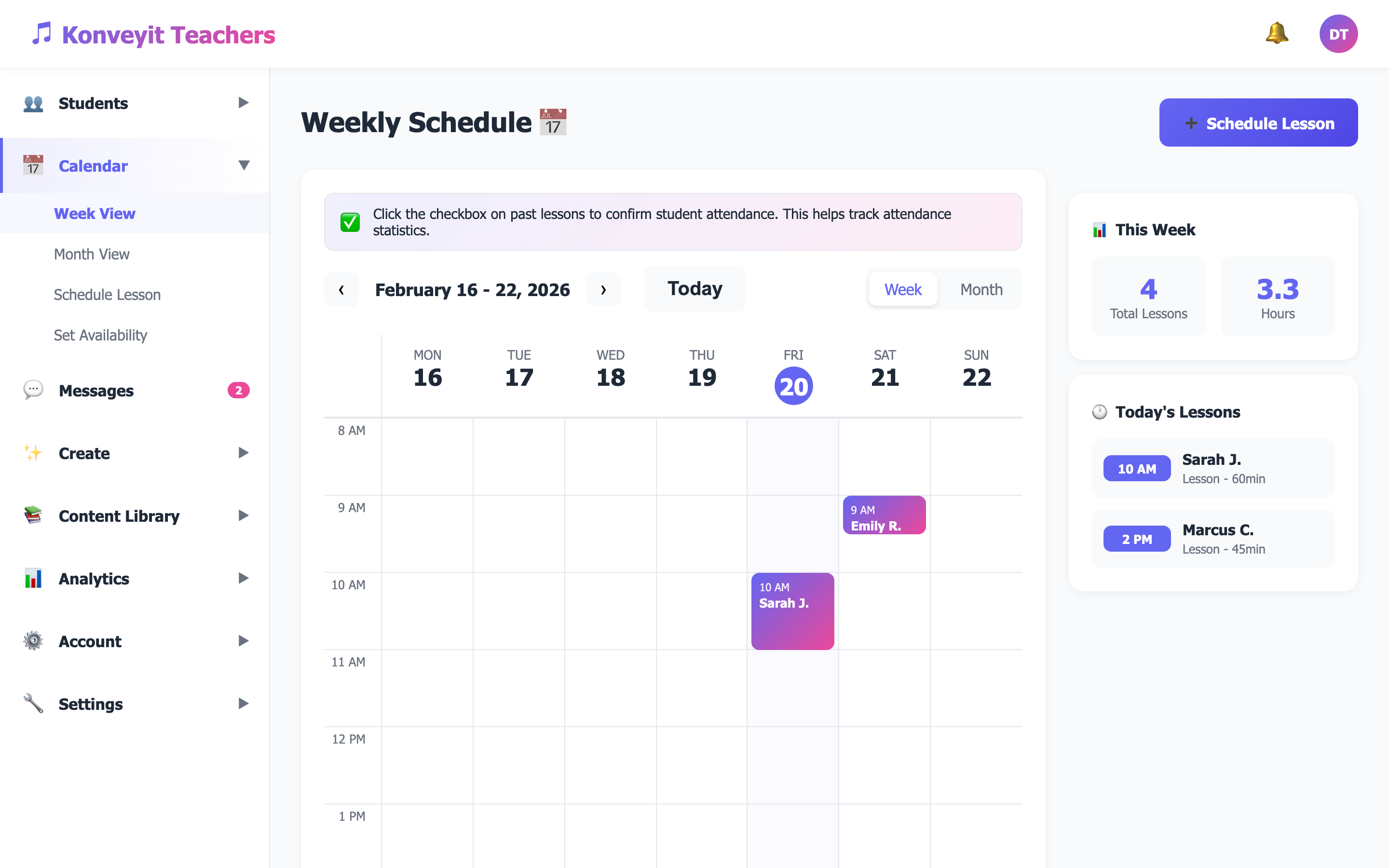 Calendar Week View showing scheduled lessons across the week