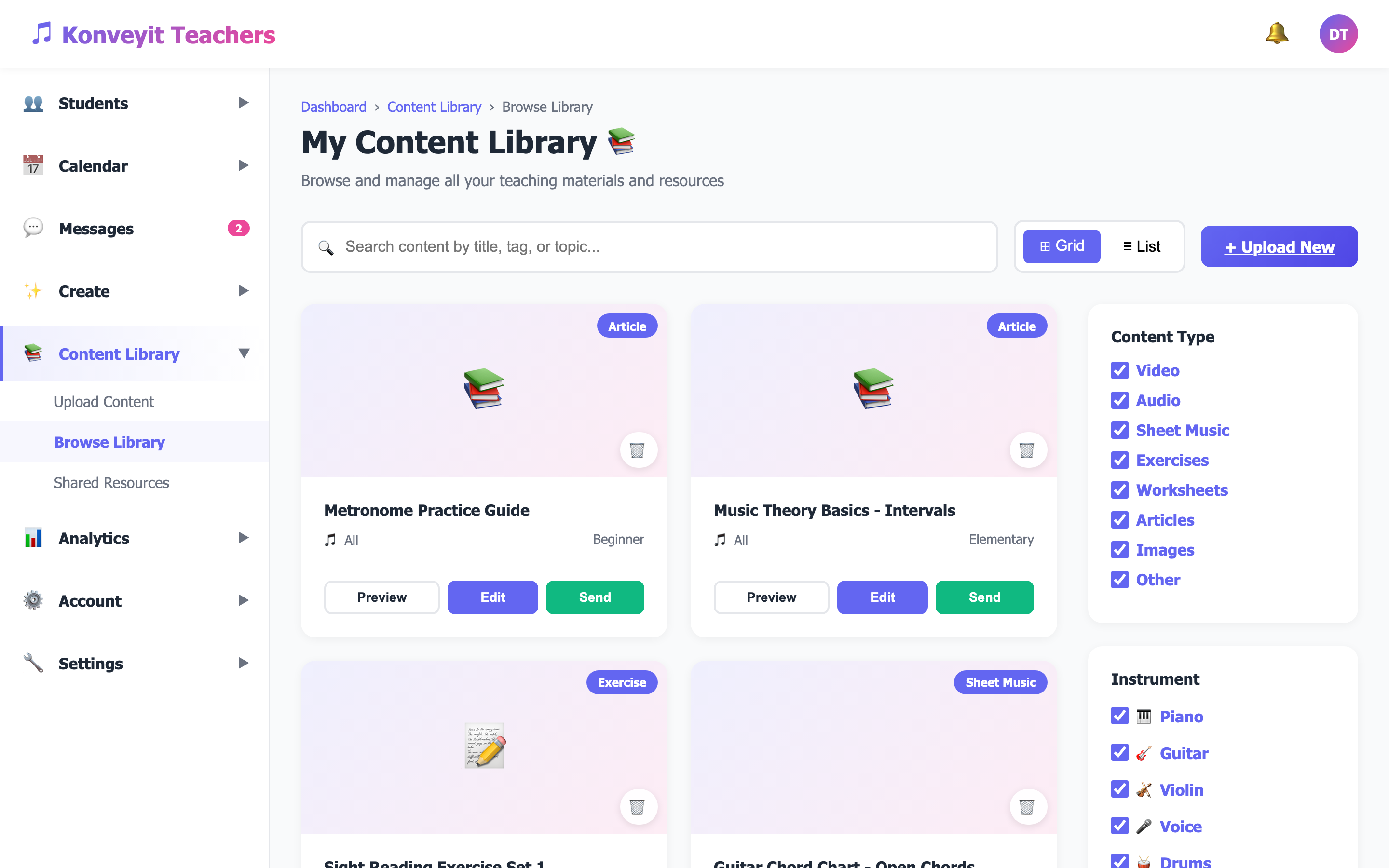 Content Library showing available resources to attach to assignments