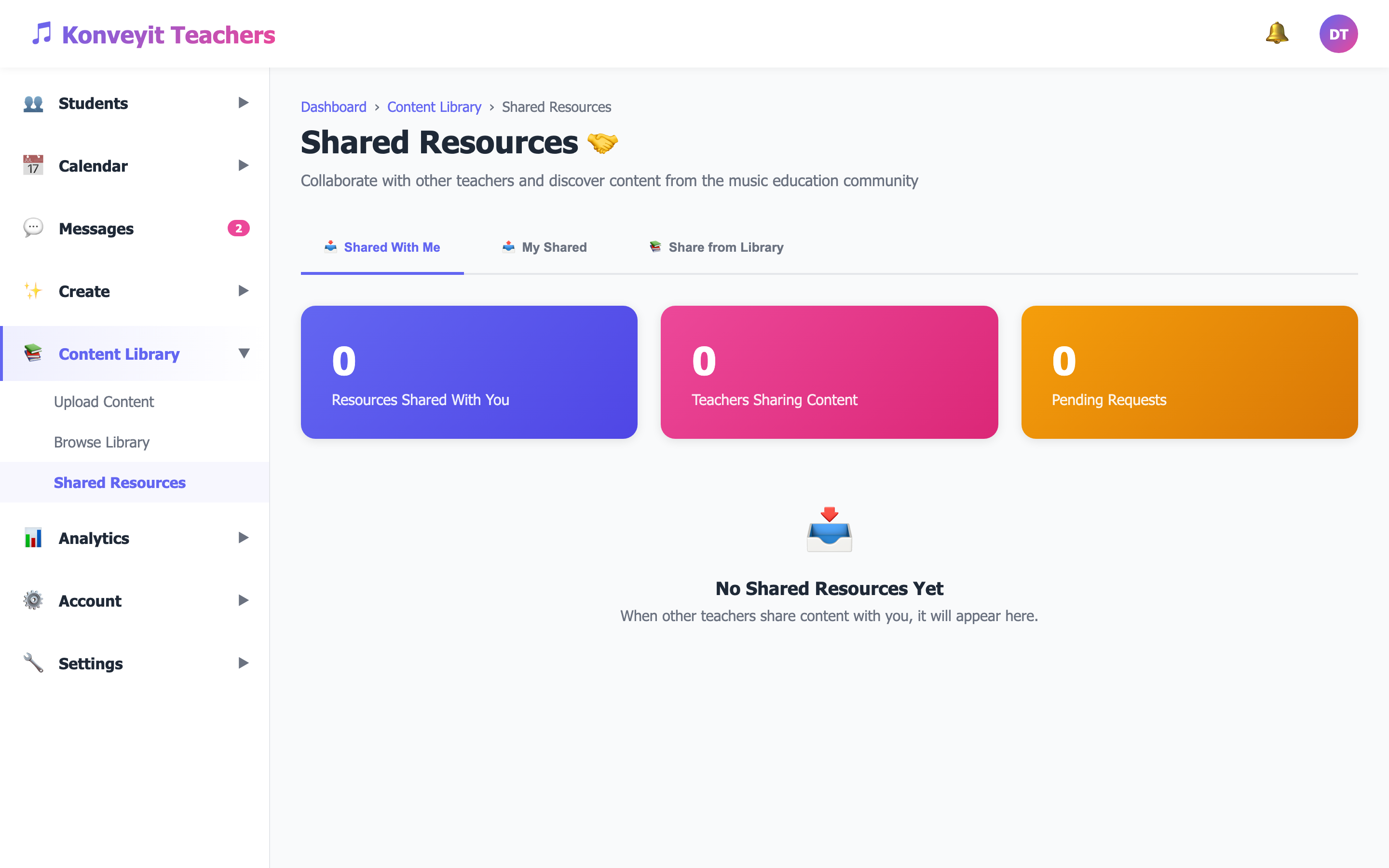 Shared Resources page showing content shared with students and sharing options
