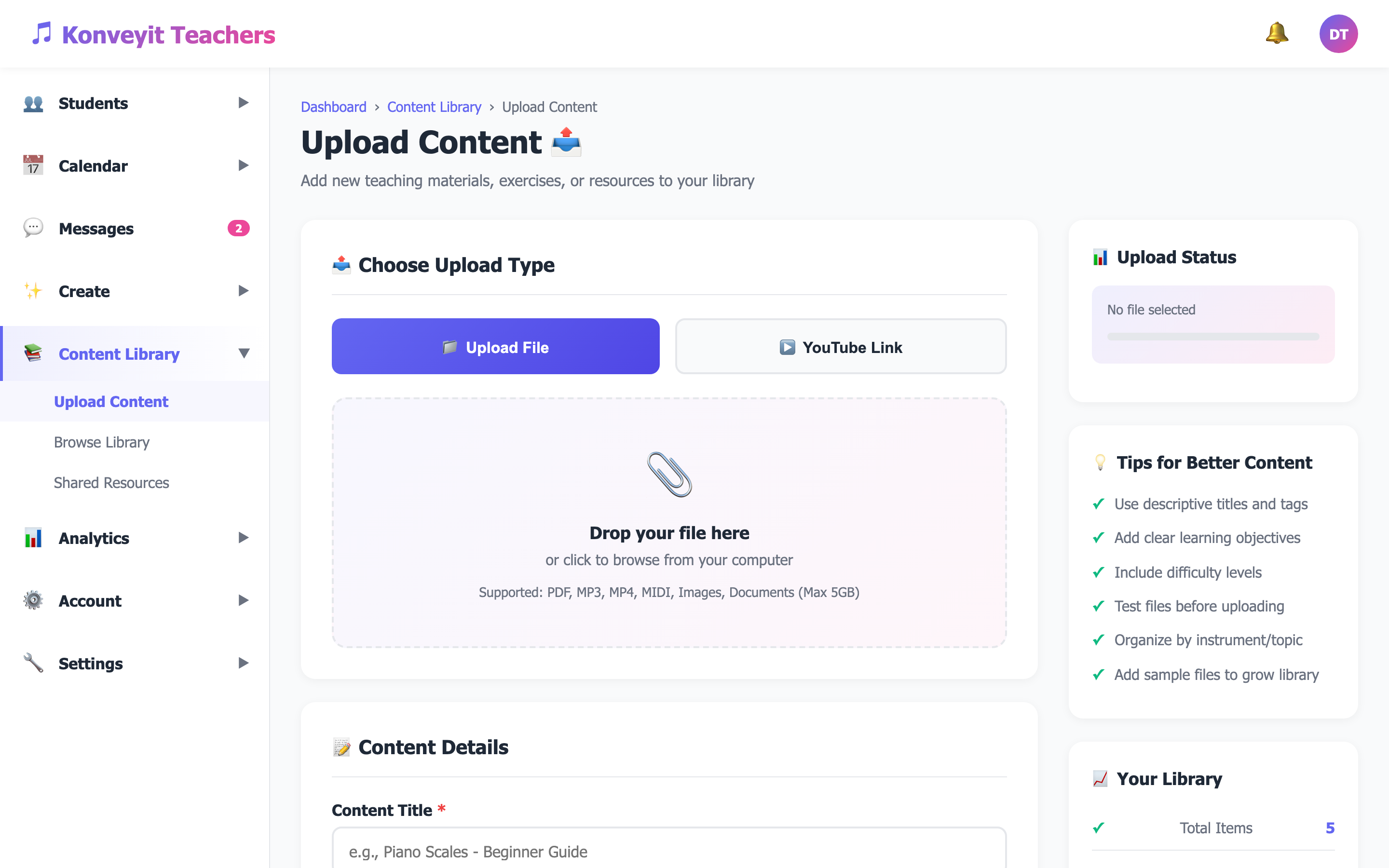 Upload Content page showing drag-and-drop area, YouTube link input, and content metadata fields