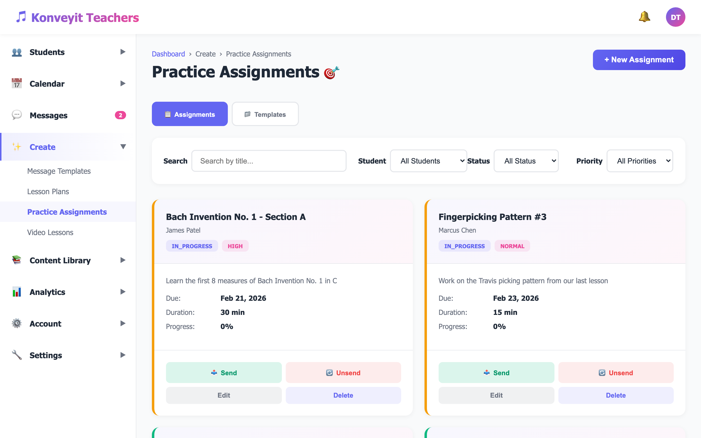 Practice Assignments page showing assignment list with status, priority, and progress tabs
