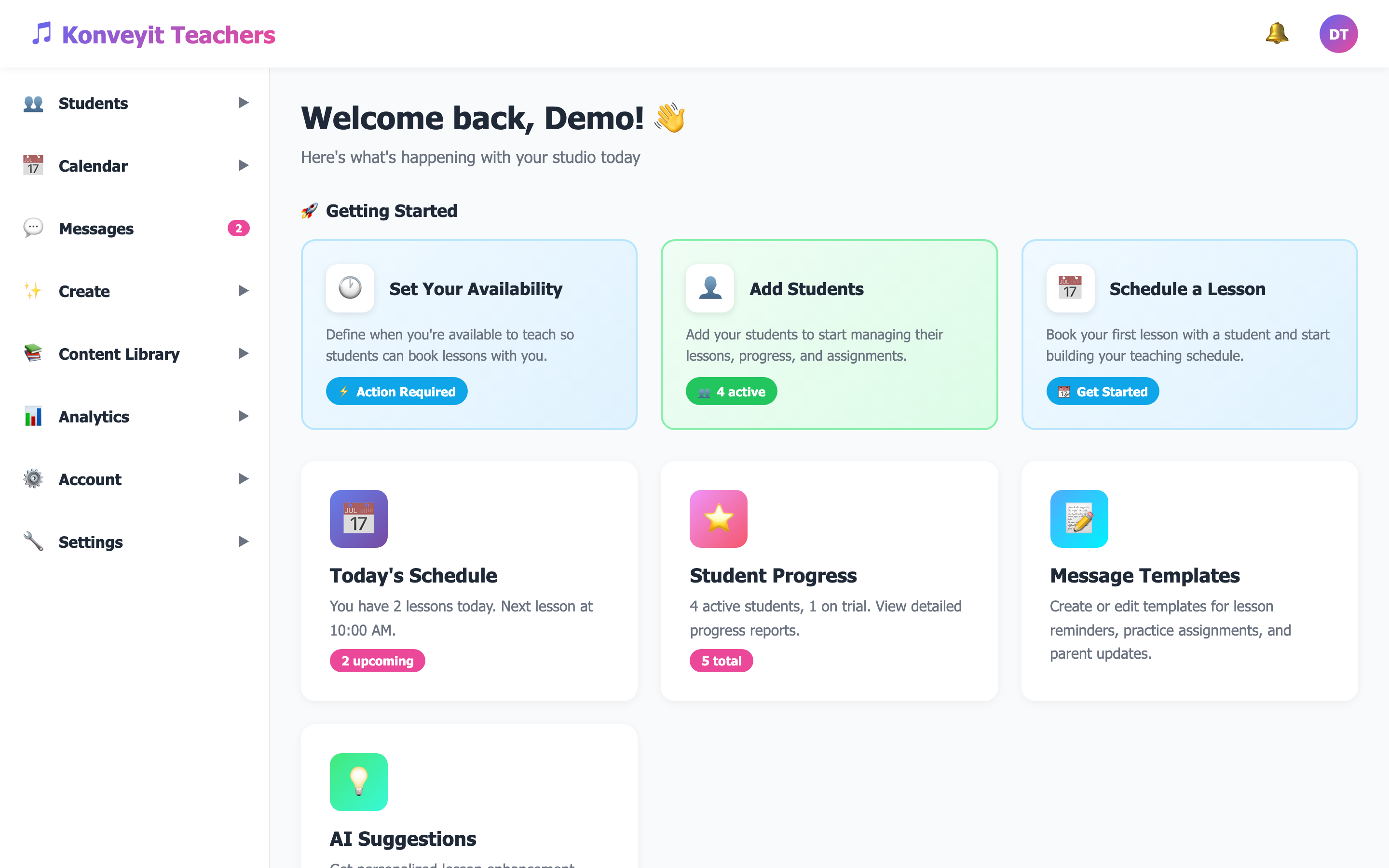 Konveyit Teachers dashboard showing Getting Started cards, schedule, and student progress