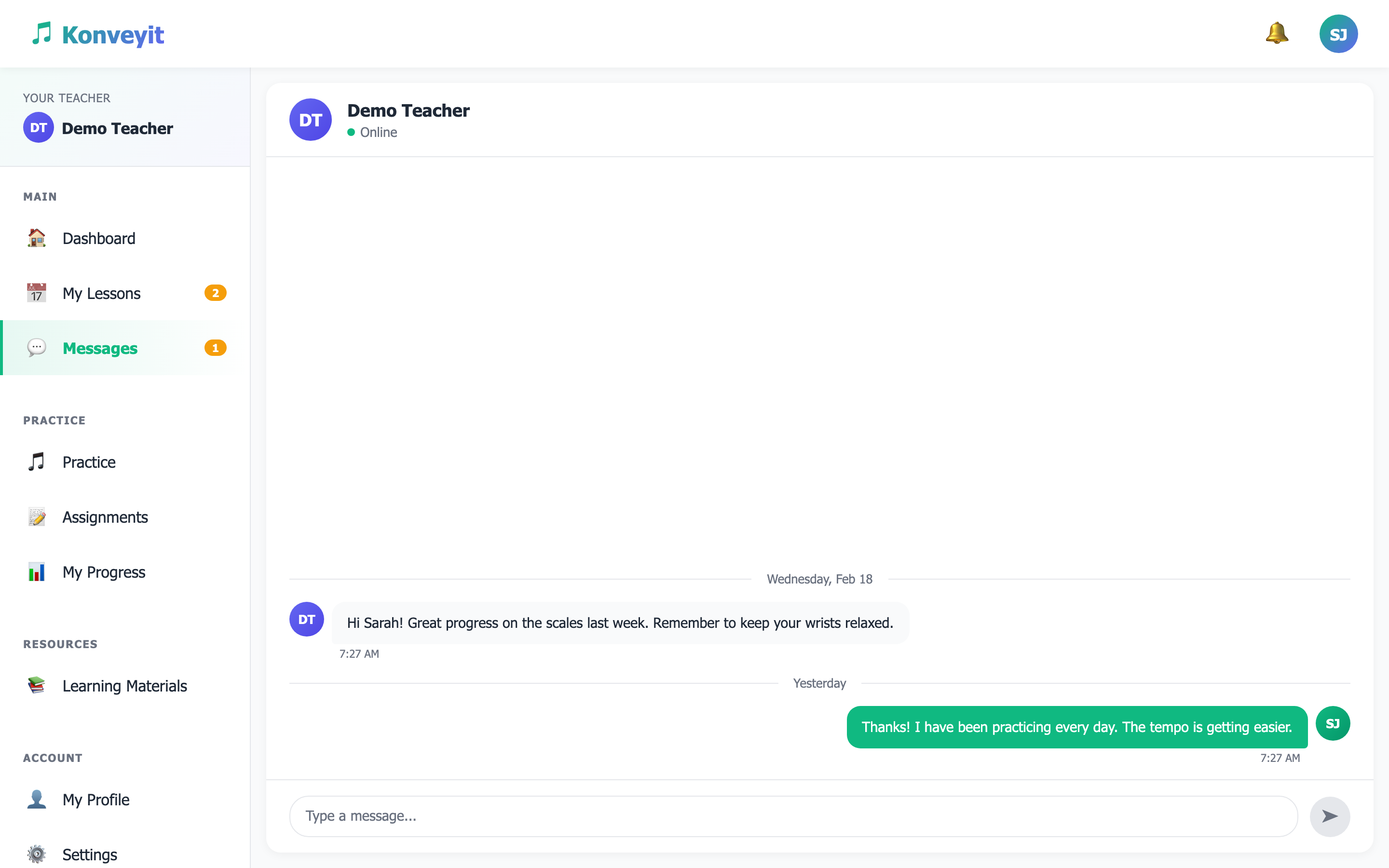 Student messages and lessons interface
