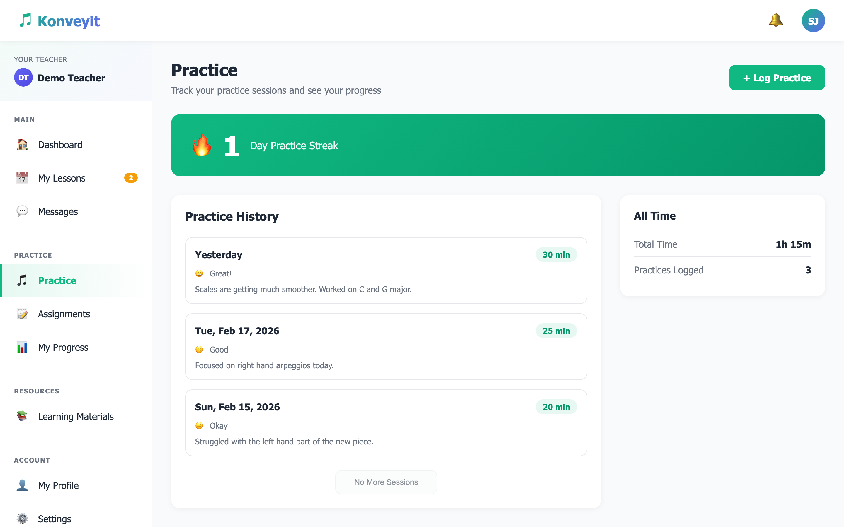 Student practice tracking and logging interface