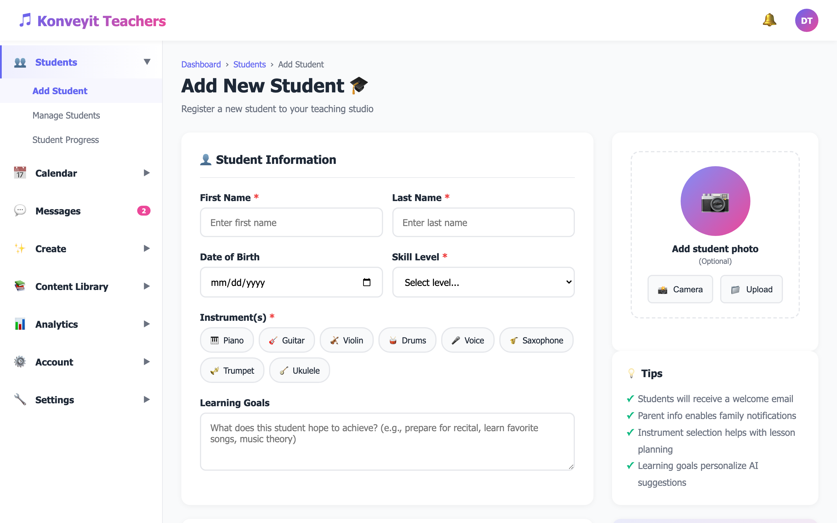 Add student form with portal access options