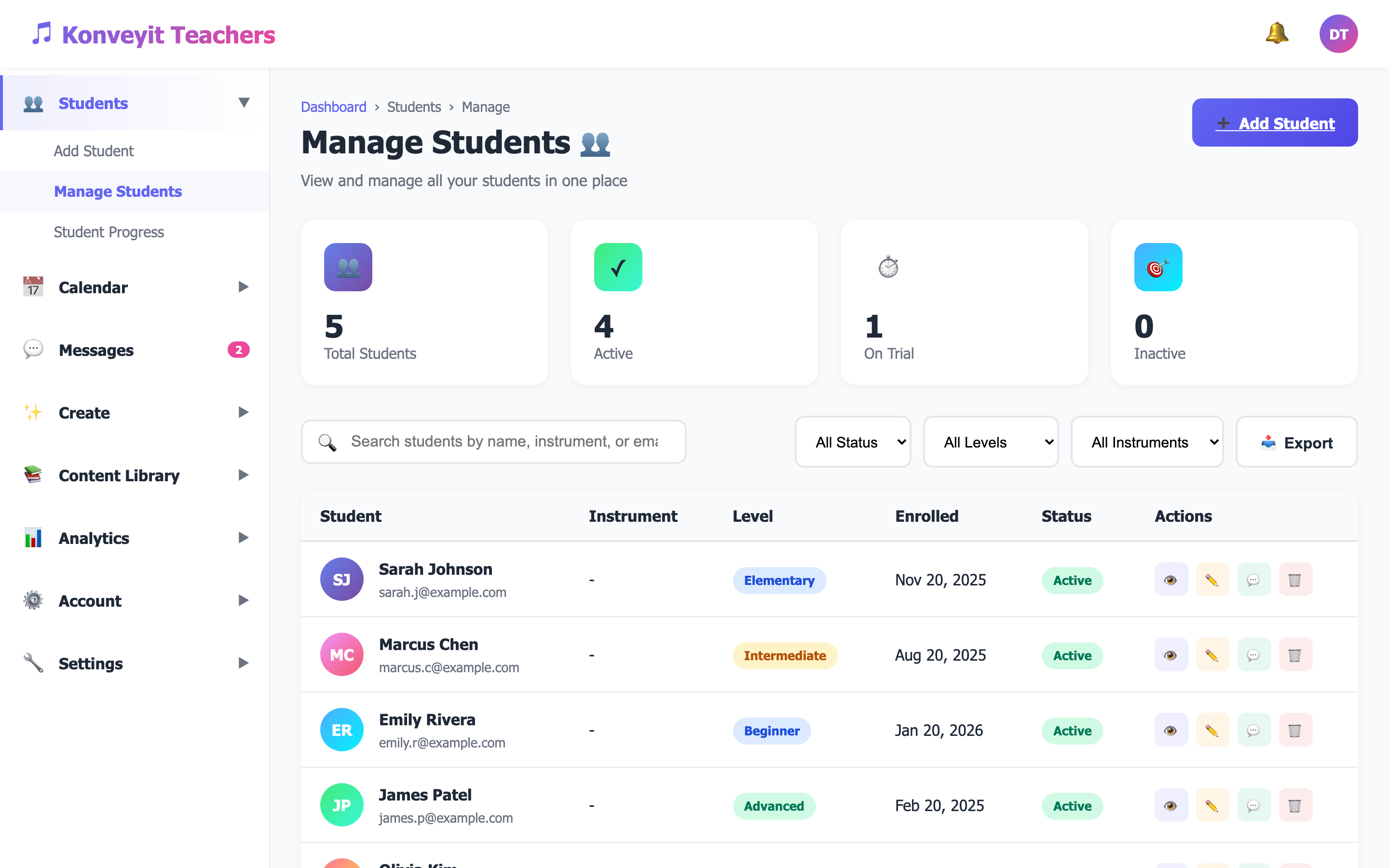 Manage Students page showing student list with names, instruments, and actions