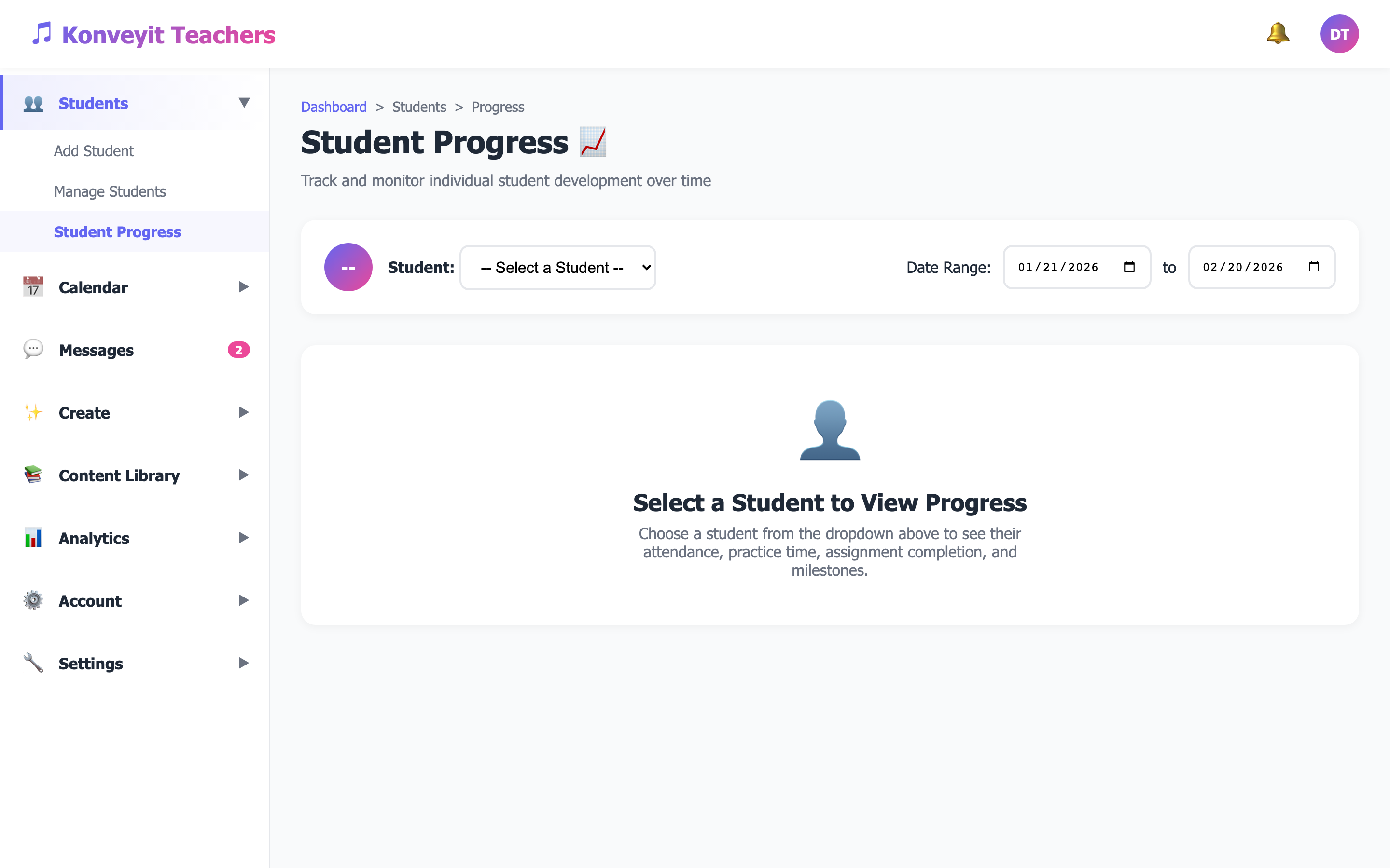 Student Progress page showing assignment completion status and practice trends