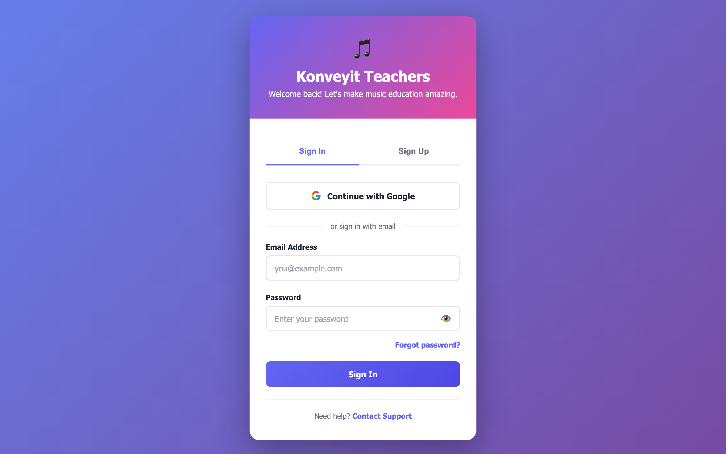 Konveyit Teachers login page showing email, password, and Google sign-in options